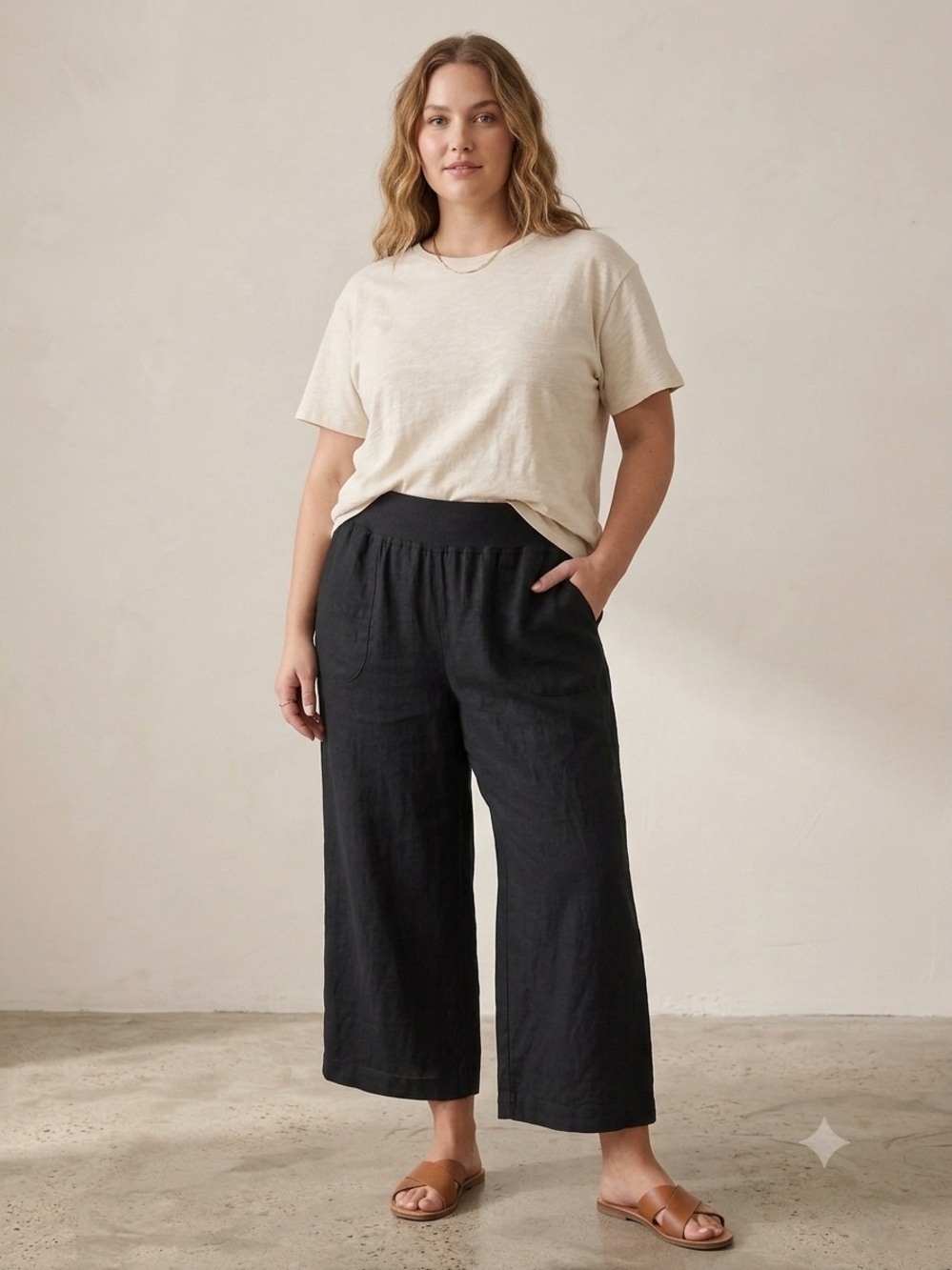 Allen Allen USA 100% Linen Wide Leg Pull On Pants Black Lagenlook Artsy, size 3X